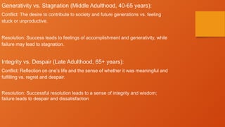Generativity vs. Stagnation (Middle Adulthood, 40-65 years):
Conflict: The desire to contribute to society and future generations vs. feeling
stuck or unproductive.
Resolution: Success leads to feelings of accomplishment and generativity, while
failure may lead to stagnation.
Integrity vs. Despair (Late Adulthood, 65+ years):
Conflict: Reflection on one’s life and the sense of whether it was meaningful and
fulfilling vs. regret and despair.
Resolution: Successful resolution leads to a sense of integrity and wisdom;
failure leads to despair and dissatisfaction
 