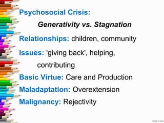 Psychosocial Crisis:
Generativity vs. Stagnation
Relationships: children, community
Issues: 'giving back', helping,
contributing
Basic Virtue: Care and Production
Maladaptation: Overextension
Malignancy: Rejectivity
 