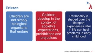 Copyright © Texas Education Agency, 2017. All rights reserved. 5
Erikson
Children are
not simply
biological
organisms
that endure
Children
develop in the
context of
society’s
expectations,
prohibitions and
prejudices
Personality is
shaped over the
life span;
experiences later
in life can heal
problems in early
childhood
 