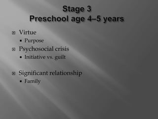  Virtue
 Purpose
 Psychosocial crisis
 Initiative vs. guilt
 Significant relationship
 Family
 