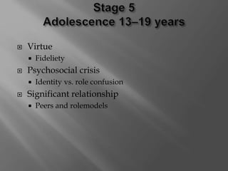  Virtue
 Fideliety
 Psychosocial crisis
 Identity vs. role confusion
 Significant relationship
 Peers and rolemodels
 