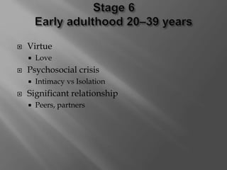  Virtue
 Love
 Psychosocial crisis
 Intimacy vs Isolation
 Significant relationship
 Peers, partners
 