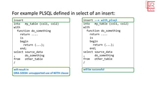 For example PLSQL defined in select of an insert:
insert
into my_table (col1, col2)
with
function do_something
return ....
is
begin
return (...);
end;
select source_data
, do_something
from other_table
/
will result in
ORA-32034: unsupported use of WITH clause
insert --+ with_plsql
into my_table (col1, col2)
with
function do_something
return ....
is
begin
return (...);
end;
select source_data
, do_something
from other_table
/
will be successful
 