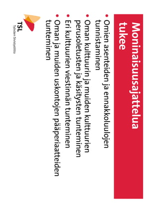 Moninaisuusajattelua
    tukee
l   Omien asenteiden ja ennakkoluulojen
     
    tunnistaminen
l   Oman kulttuurin ja muiden kulttuurien
     
    perusoletusten ja käsitysten tunteminen
l   Eri kulttuurien viestinnän tunteminen
     
l   Oman ja muiden uskontojen pääperiaatteiden
     
    tunteminen
 