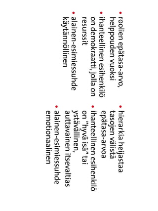 l   roolien epätasa-arvo,
                              l   hierarkia heijastaa
                                    
    helppouden vuoksi              tasojen välistä
l   ihanteellinen esihenkilö
                                  epätasa-arvoa
    on demokraatti, jolla on   l   ihanteellinen esihenkilö
                                    
    resurssit                      on ”hyvä isä” tai
l   alainen-esimiessuhde
                                  ystävällinen,
    käytännöllinen                 auttavainen itsevaltias
                               l   alainen-esimiessuhde
                                    
                                   emotionaalinen
 