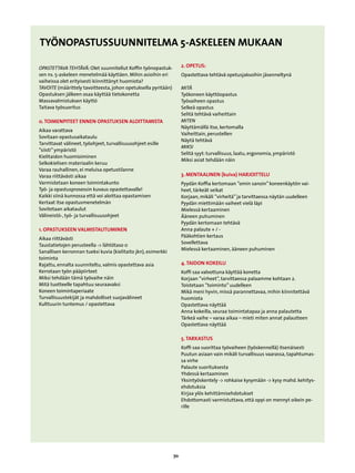 TYÖNOPASTUSSUUNNITELMA 5-ASKELEEN MUKAAN

OPASTETTAVA TEHTÄVÄ: Olet suunnitellut Koffin työnopastuk-           2. OPETUS:
sen ns. 5-askeleen menetelmää käyttäen. Mihin asioihin eri           Opastettava tehtävä opetusjaksoihin jäsenneltynä
vaiheissa olet erityisesti kiinnittänyt huomiota?
TAVOITE (määrittely tavoitteesta, johon opetuksella pyritään)        MITÄ					
Opastuksen jälkeen osaa käyttää tietokonetta                         Työkoneen käyttöopastus
Massavalmistuksen käyttö                                             Työvaiheen opastus
Taitava työsuoritus                                                  Selkeä opastus
                                                                     Selitä tehtävä vaiheittain
0. TOIMENPITEET ENNEN OPASTUKSEN ALOITTAMISTA                        MITEN
                                                                     Näyttämällä itse, kertomalla
Aikaa varattava
                                                                     Vaiheittain, perustellen
Sovitaan opastusaikataulu
                                                                     Näytä tehtävä
Tarvittavat välineet, työohjeet, turvallisuusohjeet esille
                                                                     MIKSI
”siisti” ympäristö
                                                                     Selitä syyt: turvallisuus, laatu, ergonomia, ympäristö
Kielitaidon huomioiminen
                                                                     Miksi asiat tehdään näin
Selkokielisen materiaalin keruu
Varaa rauhallinen, ei meluisa opetustilanne
Varaa riittävästi aikaa                                              3. MENTAALINEN (kuiva) HARJOITTELU
Varmistetaan koneen toimintakunto                                    Pyydän Koffia kertomaan ”omin sanoin” koneenkäytön vai-
Työ- ja opastusprosessin kuvaus opastettavalle!                      heet, tärkeät seikat
Kaikki siinä kunnossa että voi aloittaa opastamisen                  Korjaan, mikäli ”virheitä” ja tarvittaessa näytän uudelleen
Kertaat itse opastusmenetelmän                                       Pyydän miettimään vaiheet vielä läpi
Sovitetaan aikataulut                                                Mielessä kertaaminen
Välineistö-, työ- ja turvallisuusohjeet                              Ääneen puhuminen
                                                                     Pyydän kertomaan tehtävä
1. OPASTUKSEEN VALMISTAUTUMINEN                                      Anna palaute + / -
                                                                     Pääkohtien kertaus
Aikaa riittävästi
                                                                     Sovellettava
Taustatietojen perusteella - lähtötaso 0
                                                                     Mielessä kertaaminen, ääneen puhuminen
Sanallisen kerronnan tueksi kuvia (kielitaito jkn), esimerkki
toiminta
Rajattu, ennalta suunniteltu, valmis opastettava asia                4. TAIDON KOKEILU
Kerrotaan työn pääpiirteet                                           Koffi saa valvottuna käyttää konetta
Miksi tehdään tämä työvaihe näin                                     Korjaan ”virheet”, tarvittaessa palaamme kohtaan 2.
Mitä tuotteelle tapahtuu seuraavaksi                                 Toistetaan ”toiminto” uudelleen
Koneen toimintaperiaate                                              Mikä meni hyvin, missä parannettavaa, mihin kiinnitettävä
Turvallisuustekijät ja mahdolliset suojavälineet                     huomiota
Kulttuurin tuntemus / opastettava                                    Opastettava näyttää
                                                                     Anna kokeilla, seuraa toimintatapaa ja anna palautetta
                                                                     Tärkeä vaihe – varaa aikaa – mieti miten annat palautteen
                                                                     Opastettava näyttää

                                                                     5. TARKASTUS
                                                                     Koffi saa suorittaa työvaiheen (työskennellä) itsenäisesti
                                                                     Puutun asiaan vain mikäli turvallisuus vaarassa, tapahtumas-
                                                                     sa virhe
                                                                     Palaute suorituksesta
                                                                     Yhdessä kertaaminen
                                                                     Yksintyöskentely - rohkaise kysymään - kysy mahd. kehitys-
                                                                     ehdotuksia
                                                                     Kirjaa ylös kehittämisehdotukset
                                                                     Ehdottomasti varmistuttava, että oppi on mennyt oikein pe-
                                                                     rille




                                                                70
 