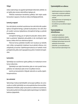 Ylityö                                                               Työntekijällä on oikeus:

Joskus työnantaja voi pyytää työntekijää tekemään ylitöitä. Se
                                                                     •  yöehtosopimuksen tai virkaehto-
                                                                        t
on työtä, joka menee säännöllisen työajan yli.
                                                                       sopimuksen mukaiseen palkkaan
    Ylitöistä maksetaan korotettua palkkaa. Voit myös saada
                                                                     •  uojaan, jonka lait ja sopimukset
                                                                        s
korvauksen vapaana. Sinulla on oikeus kieltäytyä ylitöistä.            antavat
                                                                     •  ärjestäytymiseen eli työntekijä voi
                                                                        j
                                                                       kuulua ammattiliittoon
Lomat ja vapaat	
                                                                     •  erveelliseen ja turvalliseen työym-
                                                                        t

Kun olet työssä, ansaitset vuosilomaa. Kun olet ollut alle vuoden      päristöön.

työssä, lomapäiviä kertyy 2 päivää kuukaudessa. Kun olet ollut
                                                                     Työntekijällä on
yli vuoden samassa työpaikassa, lomapäiviä kertyy 2,5 päivää
                                                                     velvollisuus:
kuukaudessa.
                                                                     • 
                                                                       tehdä työ huolellisesti
    Lomapäiviä kertyy, jos on työssä kuukauden aikana vähin-
                                                                     • 
                                                                       noudattaa työnjohdon ohjeita
tään 14 päivänä. Työpäivän pituudella ei ole merkitystä. Saat
                                                                     • 
                                                                       noudattaa vaitiolovelvollisuutta
lomaa, vaikka olisit osa-aikaisessa työssä.
                                                                     •  ieltäytyä työnantajan kanssa kil-
                                                                        k
    Yleensä lomaa pidetään kesällä noin kuukausi ja talvella           pailevasta toiminnasta
noin viikko. Lomapäiviksi lasketaan kuusi päivää viikossa: viisi     • 
                                                                       pitää liike- ja ammattisalaisuus
arkipäivää ja lauantai. Työehtosopimuksessa on luettelo niistä       • 
                                                                       ottaa huomioon työnantajan etu.
juhlapäivistä, jotka ovat vapaapäiviä ja joita ei lasketa lomapäi-
viksi.


Lomaraha

Työntekijä saa vuosiloman ajalta palkkaa. Se maksetaan ennen
loman alkamista.
    Työntekijä saa myös lomarahaa, joka on noin puolet loma-
palkasta. Se maksetaan joko ennen tai jälkeen loman.
    Lomiin ja lomarahoihin liittyvät säännöt on sovittu työeh-
tosopimuksissa.


Jos sairastut

Työnantaja maksaa työntekijälle sairausajan palkkaa. Jos saira-
usaika on pitkä, työntekijä saa sairauspäivärahaa Kansaneläke-
laitokselta eli Kelalta. Lyhyt sairausloma ei vähennä vuosilomaa.
Sairaudesta pitää toimittaa joko työterveyshoitajan tai lääkärin
todistus työpaikalle.




                                                    81
 