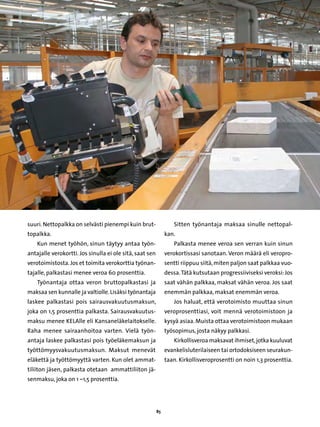 suuri. Nettopalkka on selvästi pienempi kuin brut-                Sitten työnantaja maksaa sinulle nettopal-
topalkka.                                                      kan.
    Kun menet työhön, sinun täytyy antaa työn-                    Palkasta menee veroa sen verran kuin sinun
antajalle verokortti. Jos sinulla ei ole sitä, saat sen        verokortissasi sanotaan. Veron määrä eli veropro-
verotoimistosta. Jos et toimita verokorttia työnan-            sentti riippuu siitä, miten paljon saat palkkaa vuo-
tajalle, palkastasi menee veroa 60 prosenttia.                 dessa. Tätä kutsutaan progressiiviseksi veroksi: Jos
    Työnantaja ottaa veron bruttopalkastasi ja                 saat vähän palkkaa, maksat vähän veroa. Jos saat
maksaa sen kunnalle ja valtiolle. Lisäksi työnantaja           enemmän palkkaa, maksat enemmän veroa.
laskee palkastasi pois sairausvakuutusmaksun,                     Jos haluat, että verotoimisto muuttaa sinun
joka on 1,5 prosenttia palkasta. Sairausvakuutus-              veroprosenttiasi, voit mennä verotoimistoon ja
maksu menee KELAlle eli Kansaneläkelaitokselle.                kysyä asiaa. Muista ottaa verotoimistoon mukaan
Raha menee sairaanhoitoa varten. Vielä työn-                   työsopimus, josta näkyy palkkasi.
antaja laskee palkastasi pois työeläkemaksun ja                   Kirkollisveroa maksavat ihmiset, jotka kuuluvat
työttömyysvakuutusmaksun. Maksut menevät                       evankelisluterilaiseen tai ortodoksiseen seurakun-
eläkettä ja työttömyyttä varten. Kun olet ammat-               taan. Kirkollisveroprosentti on noin 1,3 prosenttia.
tiliiton jäsen, palkasta otetaan ammattiliiton jä-
senmaksu, joka on 1 –1,5 prosenttia.




                                                          85
 