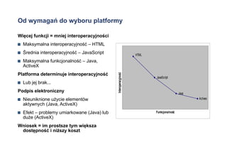 Od wymagań do wyboru platformy Więcej funkcji = mniej interoperacyjności Maksymalna interoperacyjność – HTML Średnia interoperacyjność – JavaScript Maksymalna funkcjonalność – Java, ActiveX Platforma determinuje interoperacyjność Lub jej brak... Podpis elektroniczny Nieuniknione użycie elementów aktywnych (Java, ActiveX) Efekt – problemy umiarkowane (Java) lub duże (ActiveX) Wniosek = im prostsze tym większa dostępność i niższy koszt 