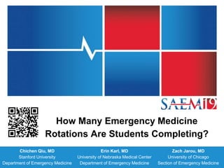 How Many Emergency Medicine
Rotations Are Students Completing?
Chichen Qiu, MD
Stanford University
Department of Emergency Medicine
Erin Karl, MD
University of Nebraska Medical Center
Department of Emergency Medicine
Zach Jarou, MD
University of Chicago
Section of Emergency Medicine
 