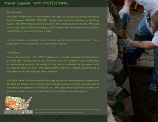 Market Segment: AMP PROFESSIONAL

 Demographics
 The AMP Professional is Male between the ages 25-34 with an annual household
 income between $50,000 - $70,000. He owns his own home and lives on the West
 Coast. The AMP Professional is currently in the nesting period of his life. MRI data
 shows high index numbers for energy drink drinkers who are newlywed, in a serious
 relationship or have recently had a baby.


 He has chosen a profession where he can use his hands and be active.                                            He is
 employeed in the mechanical or construction industry.


 Motivations
 Career Advancement: The AMP Professional is college educated and has chosen
 a career that requires him to use his hands such as working in the construction
 or maintenance industry. He enjoys his job and is motivated by the opportunity
 to advance within his field. MRI data confirms that he is college educated and is
 motivated by his job with high index numbers.


 Building a Home: He has a monthly mortgage and works hard to ensure a comfortable
 life style for himself and his family. He is always working on home projects such as
 remodeling the basement or fixing his car. MRI data shows high index numbers for
 purchases made by energy drink drinkers from hardware and auto stores.




                          Claritas PRIZM Lifestyle Analysis Reports: Market Potential Map of the Food and Beverages: Energy

                          Drink shows high index numbers of occupants who live on the West Coast
 