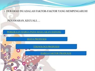 3.

DI BAWAH INI ADALAH FAKTOR-FAKTOR YANG MEMPENGARUHI
PENAWARAN, KECUALI….

PERKIRAAN HARGA PADA MASA AKAN DATANG
BIAYA PRODUKSI
TEKNOLOGI PRODUKSI
HARGA FAKTOR PRODUKSI

 