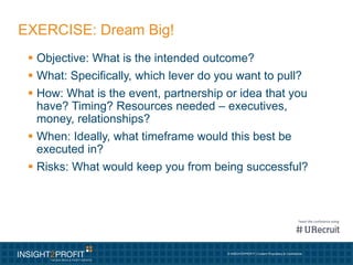 © INSIGHT2PROFIT | Content Proprietary & Confidential.
EXERCISE: Dream Big!
 Objective: What is the intended outcome?
 What: Specifically, which lever do you want to pull?
 How: What is the event, partnership or idea that you
have? Timing? Resources needed – executives,
money, relationships?
 When: Ideally, what timeframe would this best be
executed in?
 Risks: What would keep you from being successful?
 