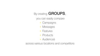 By creating GROUPS,
you can easily compare
‣ Campaigns
‣ Messages
‣ Features
‣ Products
‣ Audiences
across various locatio...