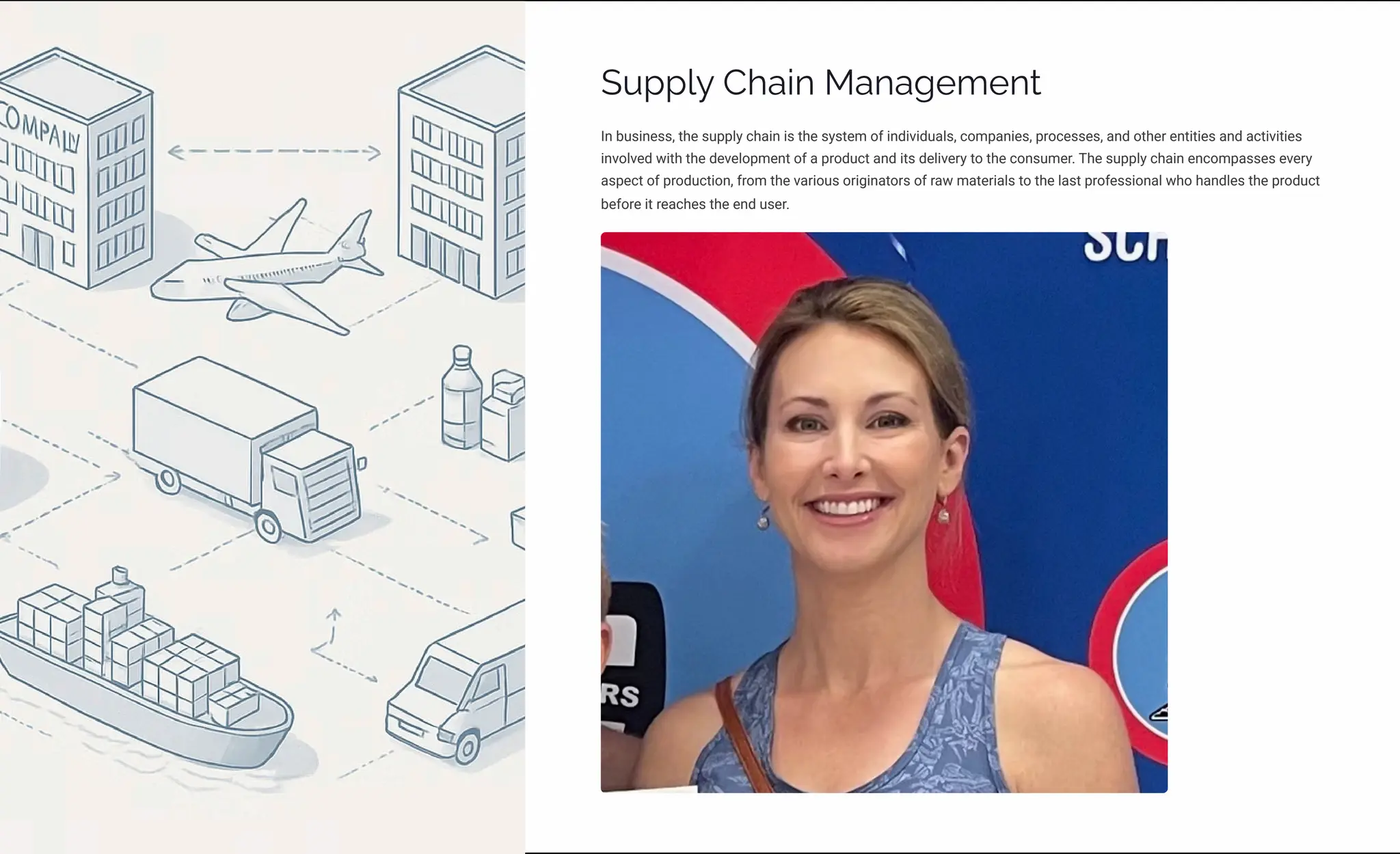 Supply Chain Management
In business, the supply chain is the system of individuals, companies, processes, and other entities and activities
involved with the development of a product and its delivery to the consumer. The supply chain encompasses every
aspect of production, from the various originators of raw materials to the last professional who handles the product
before it reaches the end user.
 