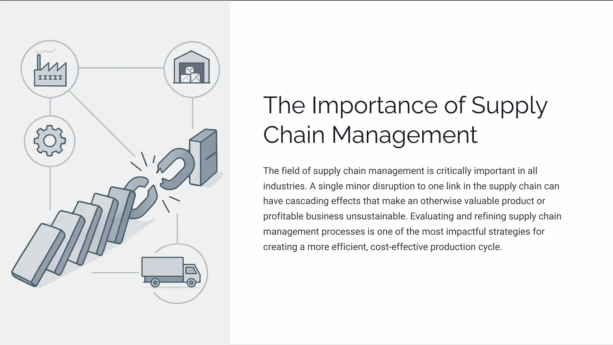 Tp I³á¾äøaµcp ¾ˆ SĀáá«Ğ
Ca•µ Maµa‰p³pµø
The field of supply chain management is critically important in all
industries. A single minor disruption to one link in the supply chain can
have cascading effects that make an otherwise valuable product or
profitable business unsustainable. Evaluating and refining supply chain
management processes is one of the most impactful strategies for
creating a more efficient, cost-effective production cycle.
 