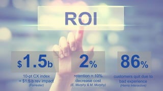 $1.5b 2% 86%
10-pt CX index
= $1.5 b rev impact
(Forrester)
retention = 10%
decrease cost
(E. Murphy & M. Murphy)
customers quit due to
bad experience
(Harris Interactive)
 