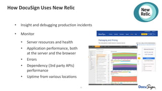 62
How DocuSign Uses New Relic
• Insight and debugging production incidents
• Monitor
• Server resources and health
• Application performance, both
at the server and the browser
• Errors
• Dependency (3rd party APIs)
performance
• Uptime from various locations
 