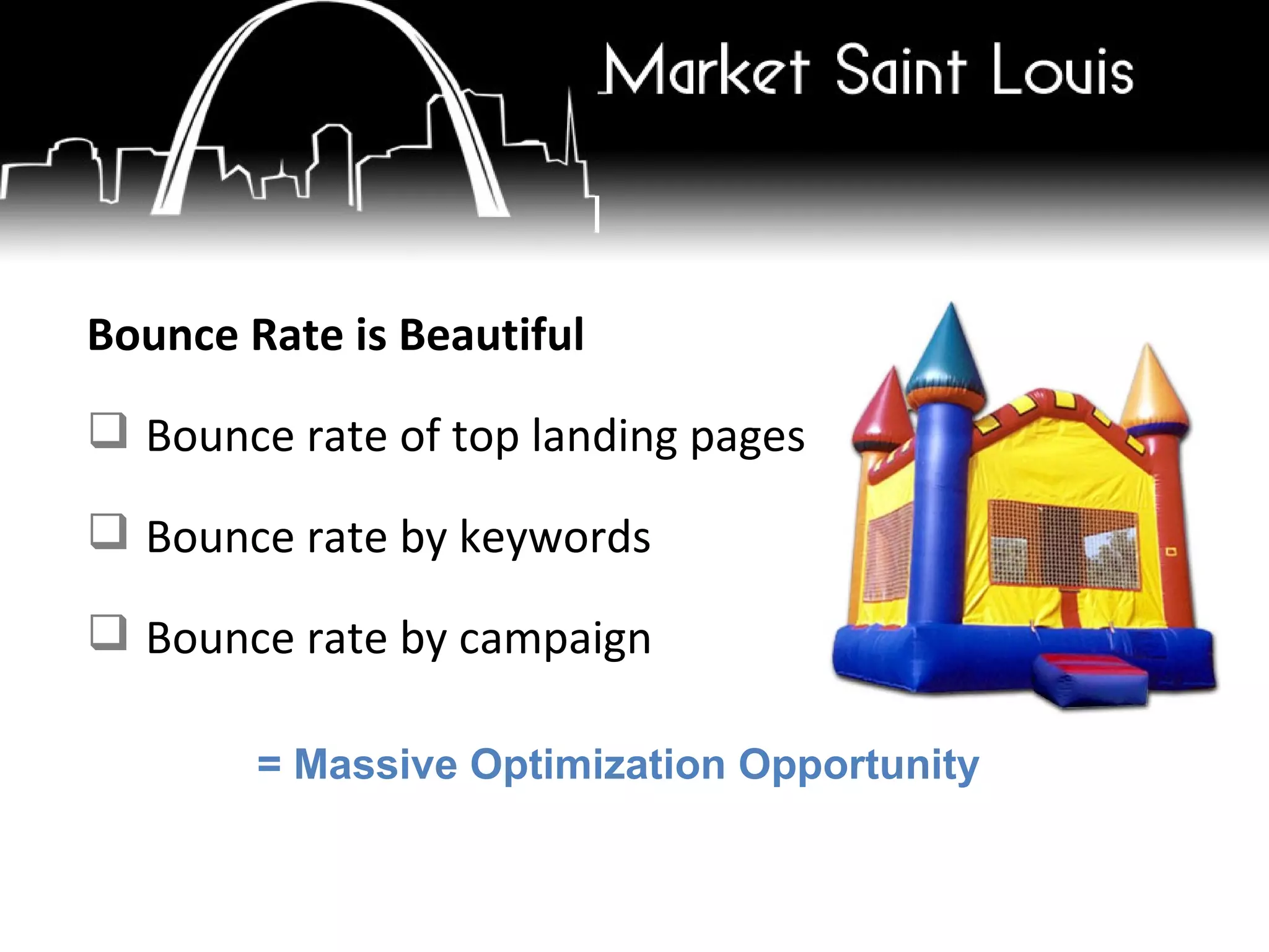 Bounce Rate is Beautiful Bounce rate of top landing pages Bounce rate by keywords  Bounce rate by campaign = Massive Optimization Opportunity 