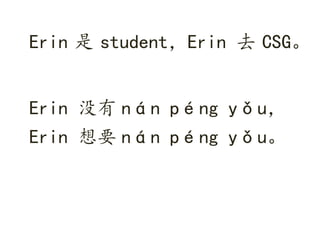 Erin 是 student，Erin 去 CSG。
Erin 没有 nán péng yǒu，
Erin 想要 nán péng yǒu。
 