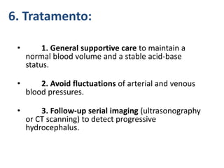 • 1. General supportive care to maintain a
normal blood volume and a stable acid-base
status.
• 2. Avoid fluctuations of arterial and venous
blood pressures.
• 3. Follow-up serial imaging (ultrasonography
or CT scanning) to detect progressive
hydrocephalus.
6. Tratamento:
 