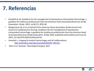 7. Referencias
• Hemphill et all. Guidelines for the management of spontaneous intracerebral Hemorrhage: a
guideline for heathcare professionals from the American Heart Association/American Stroke
Association. Stroke. 2015. Jul;46 (7): 2032-60.
• Morgenstern LB, et al; on behalf of the American Heart Association Stroke Council and
Council on Cardiovascular Nursing. Guidelines for the management of spontaneous
intracerebral hemorrhage: a guideline for healthcare professionals from the American Heart
Association/American Stroke Association. Stroke 2010: published online before print July 22,
2010, 10.1161/STR.0b013e3181ec611b.
• Hesselink, J. Imaging of cerebral hemorrhages and AV malformations.
http://spinwarp.ucsd.edu/neuroweb/Text/br-740.htm
• Winn et al. Youmans Neurological Surgery, 2011
 