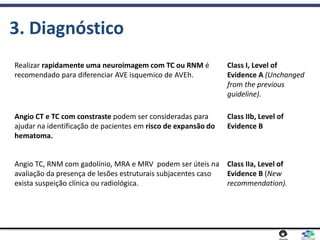 3. Diagnóstico
Realizar rapidamente uma neuroimagem com TC ou RNM é
recomendado para diferenciar AVE isquemico de AVEh.
Class I, Level of
Evidence A (Unchanged
from the previous
guideline).
Angio CT e TC com constraste podem ser consideradas para
ajudar na identificação de pacientes em risco de expansão do
hematoma.
Class IIb, Level of
Evidence B
Angio TC, RNM com gadolínio, MRA e MRV podem ser úteis na
avaliação da presença de lesões estruturais subjacentes caso
exista suspeição clínica ou radiológica.
Class IIa, Level of
Evidence B (New
recommendation).
 