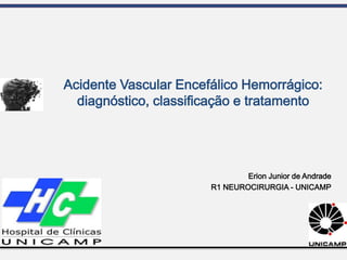 Acidente Vascular Encefálico Hemorrágico:
diagnóstico, classificação e tratamento
Erion Junior de Andrade
R1 NEUROCIRURGIA - UNICAMP
 