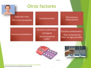 Otros factores
Infección viral
-Por virus sarampión
Autoinmunidad
Mecanismos
inflamatorios
Factores metabólicos
Factores endocrinos:
-estrógeno
-Anticonceptivos
orales
Factores ambientales:
-Bajo contenido de
fluor en agua potable
http://www.cenetec.salud.gob.mx/descargas/gpc/CatalogoMae
stro/537_GPC_Otosclerosis/GER_Otoscleoris.pdf
 