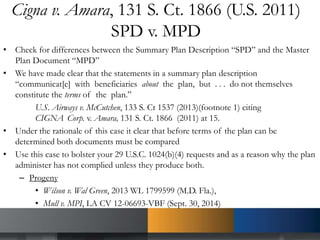 Cigna v. Amara, 131 S. Ct. 1866 (U.S. 2011)
SPD v. MPD
• Check for differences between the Summary Plan Description “SPD” and the Master
Plan Document “MPD”
• We have made clear that the statements in a summary plan description
“communicat[e] with beneficiaries about the plan, but . . . do not themselves
constitute the terms of the plan.”
U.S. Airways v. McCutchen, 133 S. Ct 1537 (2013)(footnote 1) citing
CIGNA Corp. v. Amara, 131 S. Ct. 1866 (2011) at 15.
• Under the rationale of this case it clear that before terms of the plan can be
determined both documents must be compared
• Use this case to bolster your 29 U.S.C. 1024(b)(4) requests and as a reason why the plan
administer has not complied unless they produce both.
– Progeny
• Wilson v. Wal Green, 2013 WL 1799599 (M.D. Fla.),
• Mull v. MPI, LA CV 12-06693-VBF (Sept. 30, 2014)
 