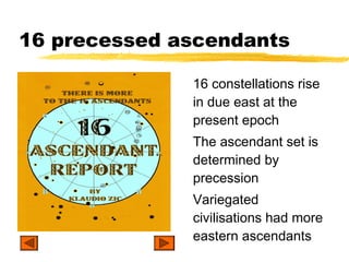 16 precessed ascendants

              16 constellations rise
              in due east at the
              present epoch
              The ascendant set is
              determined by
              precession
              Variegated
              civilisations had more
              eastern ascendants
 