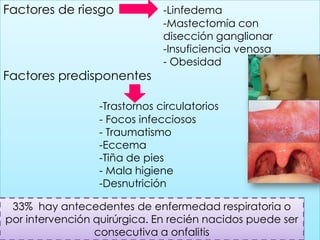 Factores de riesgo

Factores predisponentes

-Linfedema
-Mastectomía con
disección ganglionar
-Insuficiencia venosa
- Obesidad

-Trastornos circulatorios
- Focos infecciosos
- Traumatismo
-Eccema
-Tiña de pies
- Mala higiene
-Desnutrición
33% hay antecedentes de enfermedad respiratoria o
por intervención quirúrgica. En recién nacidos puede ser
consecutiva a onfalitis

 