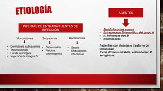 AGENTES
• Staphylococcus aureus
• Estreptococo B-hemolítico del grupo A
• H. Influenzae tipo B
• Neumococos
Pacientes con diabetes o trastorno de
inmunidad:
E.coli, Proteus mirabilis, enterobacter, P.
aeruginosa.
PUERTAS DE ENTRADA/FUENTES DE
INFECCIÓN
Mucocutánea Subyacente Bacteriemica
• Dermatosis subyacentes
• Traumatismos
• Herida quirúrgica
• Inyección de drogas IV
• Osteomielitis
• Fistulas
odontogenica
• Sepsis
• Endocarditis
infecciosa
 