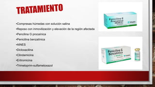 •Compresas húmedas con solución salina
•Reposo con inmovilización y elevación de la región afectada
•Pencilina G procaínica
•Penicilina benzatínica
•AINES
•Dicloxacilina
•Clindamicina
•Eritromicina
•Trimetoprim-sulfametoxazol
 