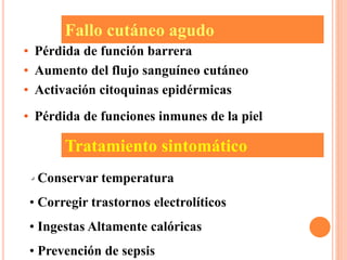 Fallo cutáneo agudo
• Pérdida de función barrera
• Aumento del flujo sanguíneo cutáneo
• Activación citoquinas epidérmicas
• Pérdida de funciones inmunes de la piel
Tratamiento sintomático
• Conservar temperatura
• Corregir trastornos electrolíticos
• Ingestas Altamente calóricas
• Prevención de sepsis
 