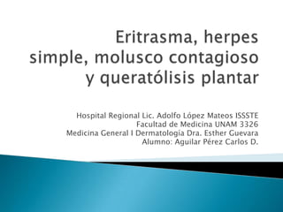 Hospital Regional Lic. Adolfo López Mateos ISSSTE
                   Facultad de Medicina UNAM 3326
Medicina General I Dermatología Dra. Esther Guevara
                    Alumno: Aguilar Pérez Carlos D.
 