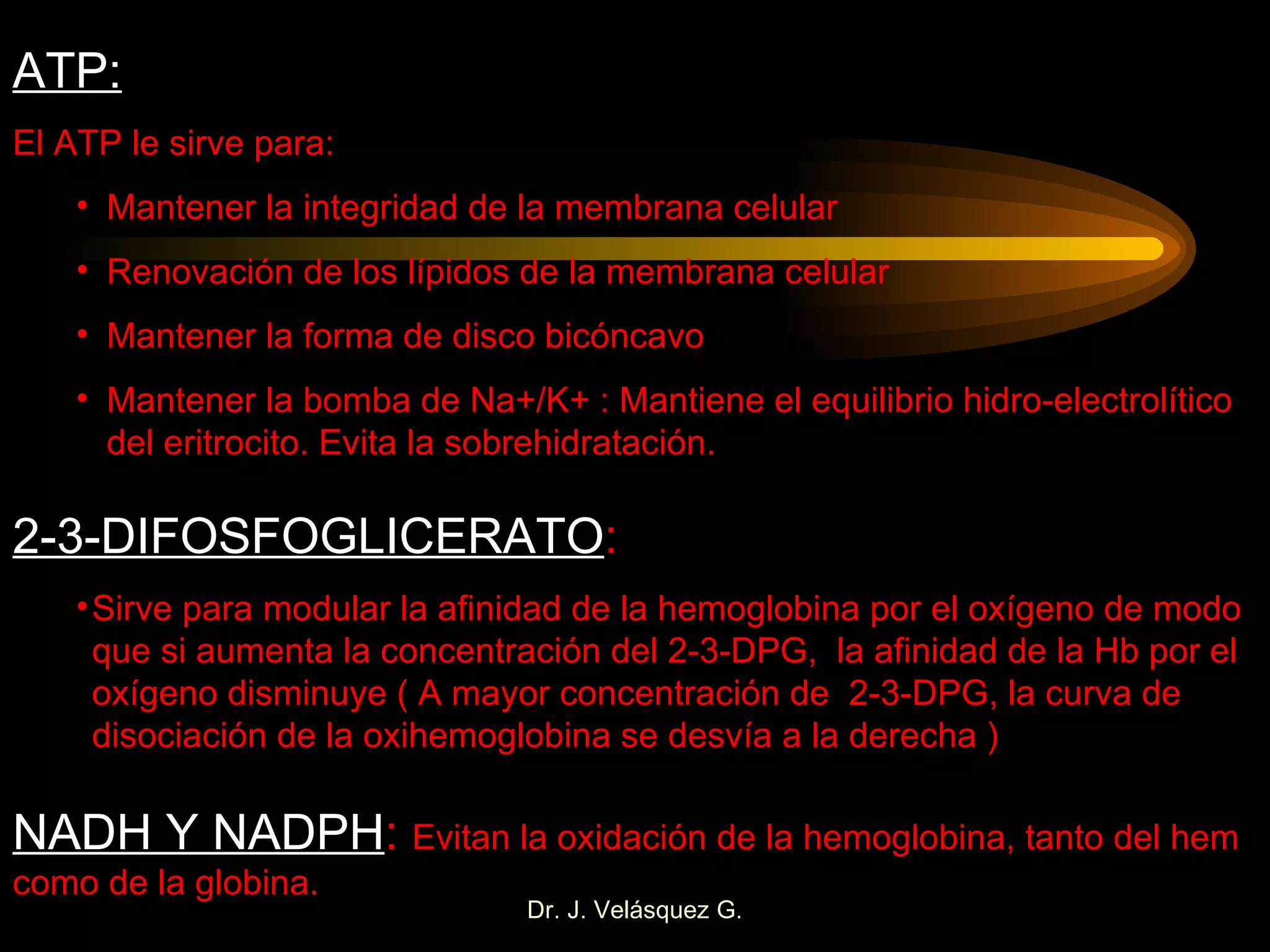 ATP: El ATP le sirve para: Mantener la integridad de la membrana celular Renovación de los lípidos de la membrana celular Mantener la forma de disco bicóncavo Mantener la bomba de Na+/K+ : Mantiene el equilibrio hidro-electrolítico del eritrocito. Evita la sobrehidratación. 2-3-DIFOSFOGLICERATO : Sirve para modular la afinidad de la hemoglobina por el oxígeno de modo que si aumenta la concentración del 2-3-DPG,  la afinidad de la Hb por el oxígeno disminuye ( A mayor concentración de  2-3-DPG, la curva de disociación de la oxihemoglobina se desvía a la derecha ) NADH Y NADPH :  Evitan la oxidación de la hemoglobina, tanto del hem como de la globina. 