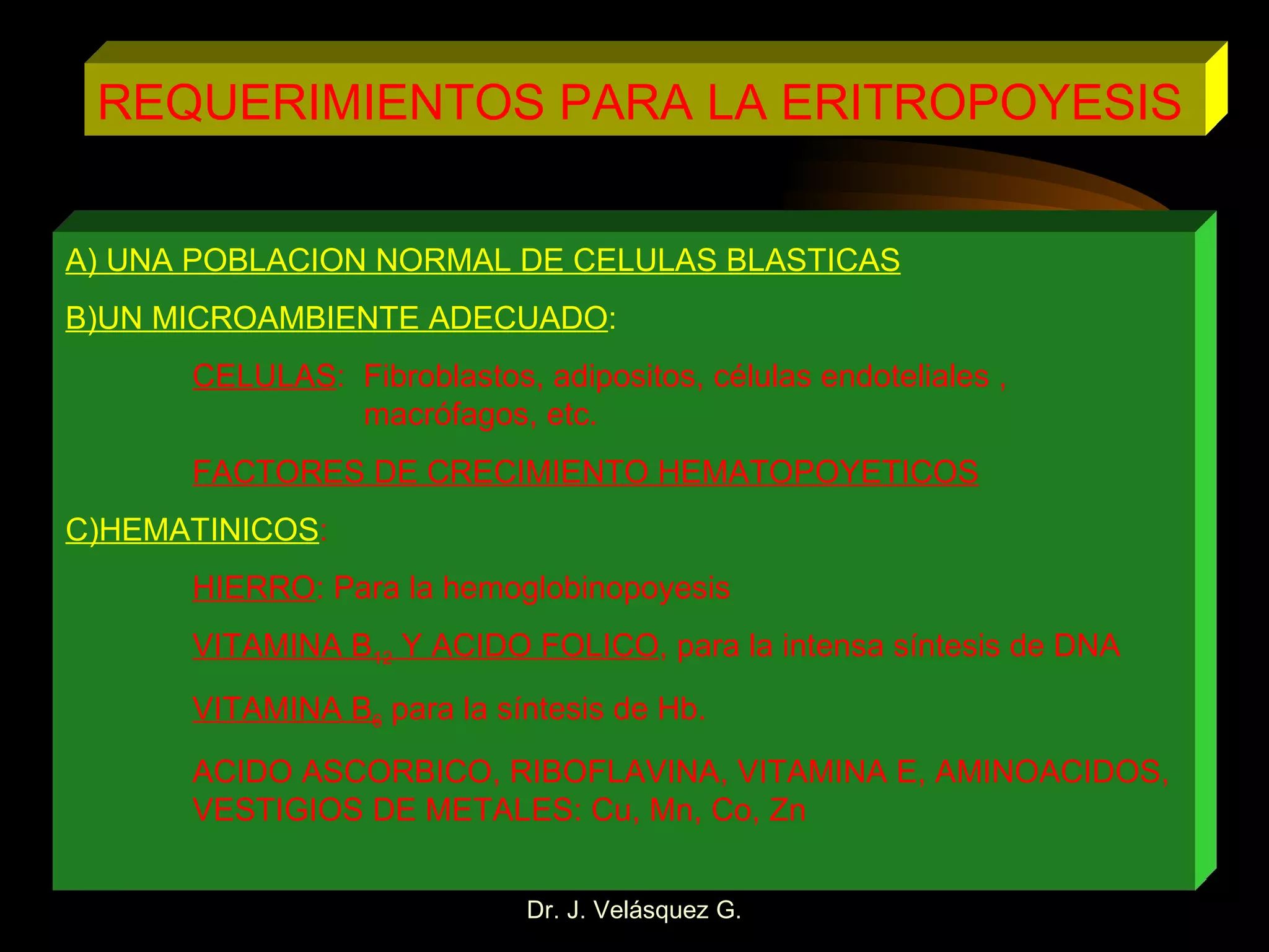 REQUERIMIENTOS PARA LA ERITROPOYESIS A) UNA POBLACION NORMAL DE CELULAS BLASTICAS B)UN MICROAMBIENTE ADECUADO : CELULAS :  Fibroblastos, adipositos, células endoteliales ,    macrófagos, etc. FACTORES DE CRECIMIENTO HEMATOPOYETICOS C)HEMATINICOS : HIERRO : Para la hemoglobinopoyesis VITAMINA B 12  Y ACIDO FOLICO , para la intensa síntesis de DNA VITAMINA B 6  para la síntesis de Hb. ACIDO ASCORBICO, RIBOFLAVINA, VITAMINA E, AMINOACIDOS,  VESTIGIOS DE METALES: Cu, Mn, Co, Zn 