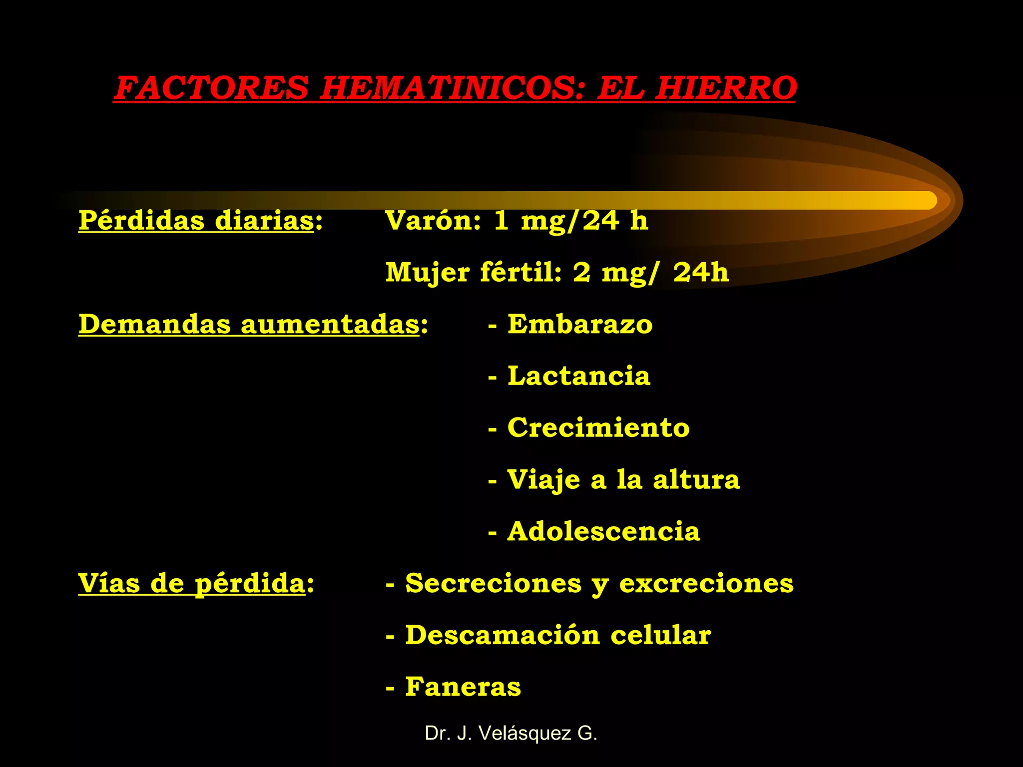 FACTORES HEMATINICOS: EL HIERRO Pérdidas diarias : Varón: 1 mg/24 h Mujer fértil: 2 mg/ 24h Demandas aumentadas :  - Embarazo - Lactancia  - Crecimiento - Viaje a la altura - Adolescencia Vías de pérdida : - Secreciones y excreciones - Descamación celular - Faneras 