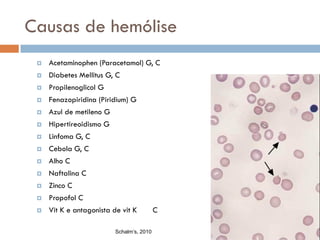 Causas de hemólise
    Acetaminophen (Paracetamol) G, C
    Diabetes Mellitus G, C
    Propilenoglicol G
    Fenazopiridina (Piridium) G
    Azul de metileno G
    Hipertireoidismo G
    Linfoma G, C
    Cebola G, C
    Alho C
    Naftalina C
    Zinco C
    Propofol C
    Vit K e antagonista de vit K          C

                          Schalm’s, 2010
 