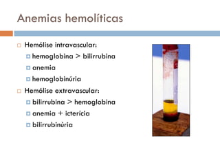 Anemias hemolíticas
   Hemólise intravascular:
     hemoglobina > bilirrubina

     anemia

     hemoglobinúria

   Hemólise extravascular:
     bilirrubina > hemoglobina

     anemia + icterícia

     bilirrubinúria
                                  urina
 