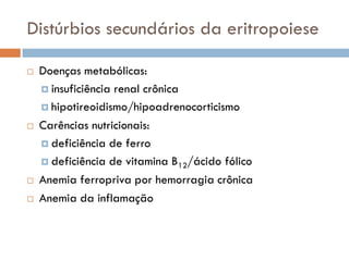 Distúrbios secundários da eritropoiese

   Doenças metabólicas:
     insuficiência renal crônica

     hipotireoidismo/hipoadrenocorticismo

   Carências nutricionais:
     deficiência de ferro

     deficiência de vitamina B12/ácido fólico

   Anemia ferropriva por hemorragia crônica
   Anemia da inflamação
 