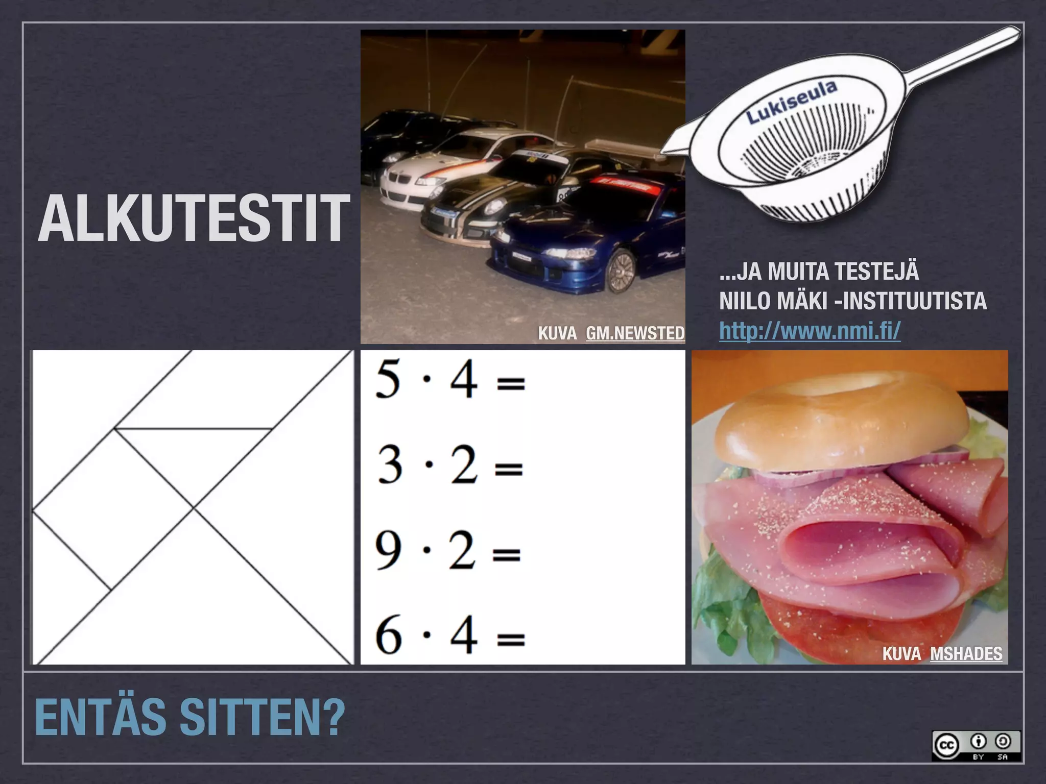 ALKUTESTIT
                                  ...JA MUITA TESTEJÄ
                                  NIILO MÄKI -INSTITUUTISTA
                KUVA GM.NEWSTED   http://www.nmi.ﬁ/




                                                 KUVA MSHADES



ENTÄS SITTEN?
 