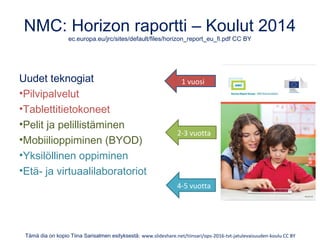 NMC: Horizon raportti – Koulut 2014
ec.europa.eu/jrc/sites/default/files/horizon_report_eu_fi.pdf CC BY
Uudet teknogiat
•Pilvipalvelut
•Tablettitietokoneet
•Pelit ja pelillistäminen
•Mobiilioppiminen (BYOD)
•Yksilöllinen oppiminen
•Etä- ja virtuaalilaboratoriot
Tämä dia on kopio Tiina Sarisalmen esityksestä: www.slideshare.net/tiinsari/ops-2016-tvt-jatulevaisuuden-koulu CC BY
1 vuosi
2-3 vuotta
4-5 vuotta
 