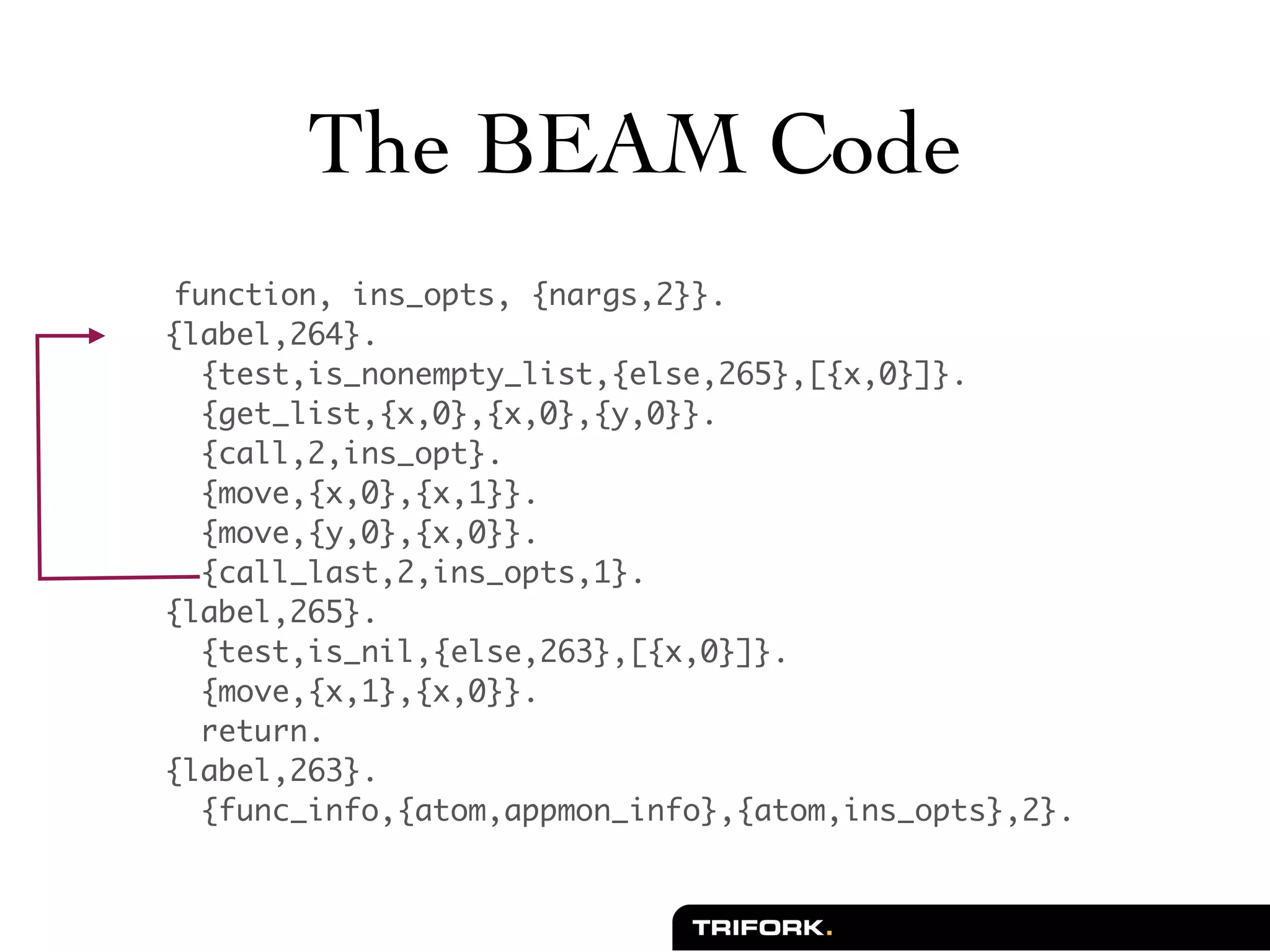 The BEAM Code
 function, ins_opts, {nargs,2}}.
{label,264}.
  {test,is_nonempty_list,{else,265},[{x,0}]}.
  {get_list,{x,0},{x,0},{y,0}}.
  {call,2,ins_opt}.
  {move,{x,0},{x,1}}.
  {move,{y,0},{x,0}}.
  {call_last,2,ins_opts,1}.
{label,265}.
  {test,is_nil,{else,263},[{x,0}]}.
  {move,{x,1},{x,0}}.
  return.
{label,263}.
  {func_info,{atom,appmon_info},{atom,ins_opts},2}.
 