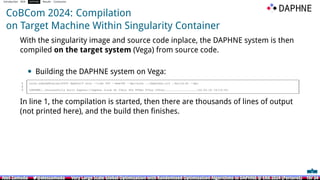Introduction ROA DAPHNE Results Conclusion
CoBCom 2024: Compilation
on Target Machine Within Singularity Container
With the singularity image and source code inplace, the DAPHNE system is then
compiled on the target system (Vega) from source code.
• Building the DAPHNE system on Vega:
In line 1, the compilation is started, then there are thousands of lines of output
(not printed here), and the build then ﬁnishes.
Aleš Zamuda 7@aleszamuda Very Large Scale Global Optimization with Randomised Optimisation Algorithms in DAPHNE @ ERK 2024 (Portorož) 19/ 34
Aleš Zamuda 7@aleszamuda Very Large Scale Global Optimization with Randomised Optimisation Algorithms in DAPHNE @ ERK 2024 (Portorož) 19/ 34
Aleš Zamuda 7@aleszamuda Very Large Scale Global Optimization with Randomised Optimisation Algorithms in DAPHNE @ ERK 2024 (Portorož) 19/ 34
Aleš Zamuda 7@aleszamuda Very Large Scale Global Optimization with Randomised Optimisation Algorithms in DAPHNE @ ERK 2024 (Portorož) 19/ 34
Aleš Zamuda 7@aleszamuda Very Large Scale Global Optimization with Randomised Optimisation Algorithms in DAPHNE @ ERK 2024 (Portorož) 19/ 34
Aleš Zamuda 7@aleszamuda Very Large Scale Global Optimization with Randomised Optimisation Algorithms in DAPHNE @ ERK 2024 (Portorož) 19/ 34
 