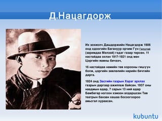 Д.Нацагдорж
                



               

              

              

             Их зохиолч Дашдоржийн Нацагдорж 1906 
             онд одоогийн Багануур орчим Гүн Галуутай 
             (заримдаа Мэлзэй) гэдэг газар төрсөн. 11 
             настайдаа эхлэн 1917­1921 онд мөн  
             Цэргийн яамны бичээч, 

             16 настайдаа намийн төв хорооны гишүүн 
             болж, цэргийн зөвлөлийн нарийн бичгийн 
             дарга. 

             1924 онд Засгийн газрын Хэрэг эрхлэх 
             газрын даргаар ажиллаж байсан. 1937 оны 
             наадмын өдөр, 7 сарын 13 ний өдөр 
             Бөмбөгөр ногоон хэмээн алдаршсан Төв 
             театрын банзан хашаа босоогоороо  
             амьсгал хураасан.


          
 
