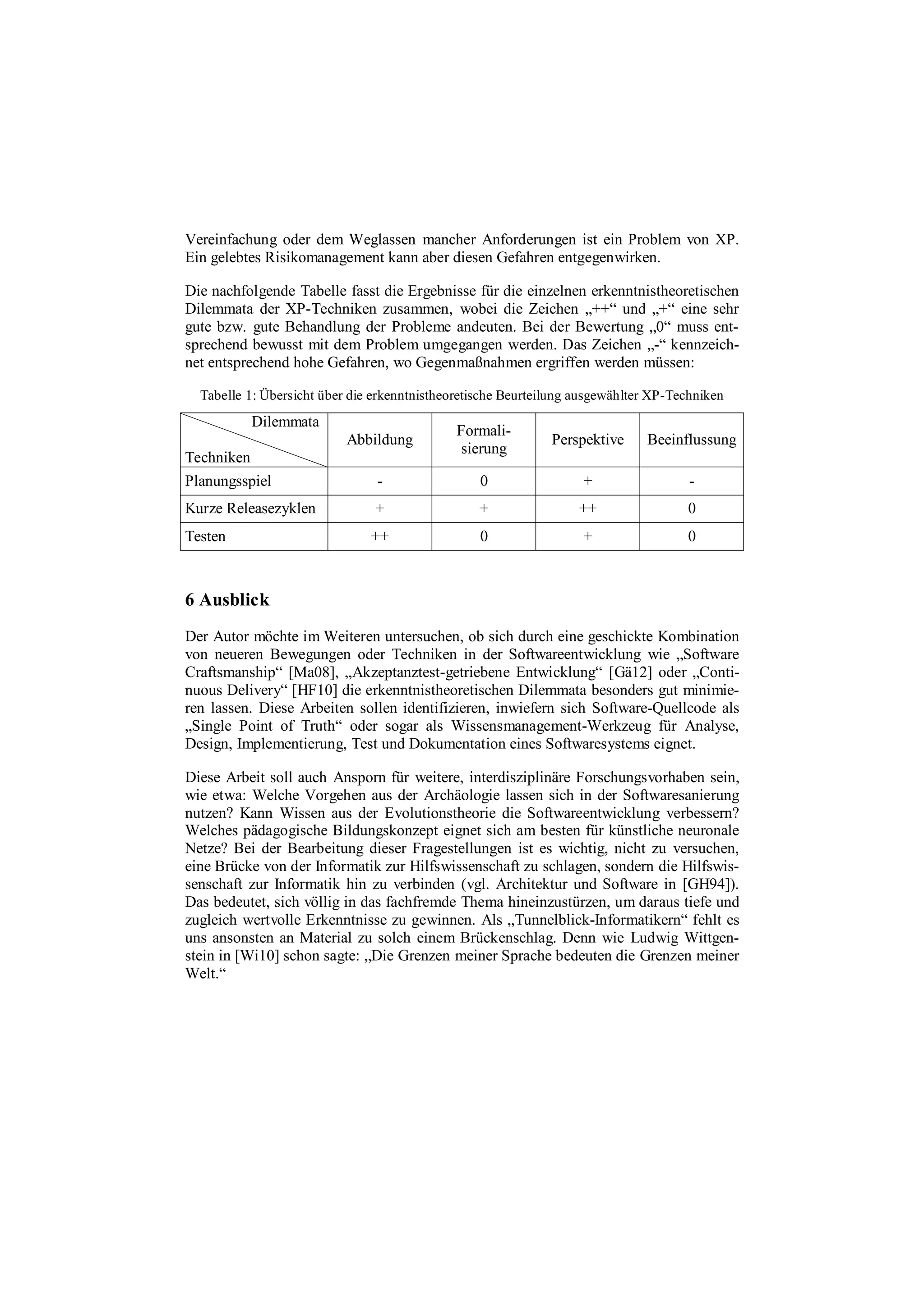 Vereinfachung oder dem Weglassen mancher Anforderungen ist ein Problem von XP.
Ein gelebtes Risikomanagement kann aber diesen Gefahren entgegenwirken.
Die nachfolgende Tabelle fasst die Ergebnisse für die einzelnen erkenntnistheoretischen
Dilemmata der XP-Techniken zusammen, wobei die Zeichen „++“ und „+“ eine sehr
gute bzw. gute Behandlung der Probleme andeuten. Bei der Bewertung „0“ muss ent-
sprechend bewusst mit dem Problem umgegangen werden. Das Zeichen „-“ kennzeich-
net entsprechend hohe Gefahren, wo Gegenmaßnahmen ergriffen werden müssen:
Tabelle 1: Übersicht über die erkenntnistheoretische Beurteilung ausgewählter XP-Techniken
Dilemmata
Techniken
Abbildung
Formali-
sierung
Perspektive Beeinflussung
Planungsspiel - 0 + -
Kurze Releasezyklen + + ++ 0
Testen ++ 0 + 0
6 Ausblick
Der Autor möchte im Weiteren untersuchen, ob sich durch eine geschickte Kombination
von neueren Bewegungen oder Techniken in der Softwareentwicklung wie „Software
Craftsmanship“ [Ma08], „Akzeptanztest-getriebene Entwicklung“ [Gä12] oder „Conti-
nuous Delivery“ [HF10] die erkenntnistheoretischen Dilemmata besonders gut minimie-
ren lassen. Diese Arbeiten sollen identifizieren, inwiefern sich Software-Quellcode als
„Single Point of Truth“ oder sogar als Wissensmanagement-Werkzeug für Analyse,
Design, Implementierung, Test und Dokumentation eines Softwaresystems eignet.
Diese Arbeit soll auch Ansporn für weitere, interdisziplinäre Forschungsvorhaben sein,
wie etwa: Welche Vorgehen aus der Archäologie lassen sich in der Softwaresanierung
nutzen? Kann Wissen aus der Evolutionstheorie die Softwareentwicklung verbessern?
Welches pädagogische Bildungskonzept eignet sich am besten für künstliche neuronale
Netze? Bei der Bearbeitung dieser Fragestellungen ist es wichtig, nicht zu versuchen,
eine Brücke von der Informatik zur Hilfswissenschaft zu schlagen, sondern die Hilfswis-
senschaft zur Informatik hin zu verbinden (vgl. Architektur und Software in [GH94]).
Das bedeutet, sich völlig in das fachfremde Thema hineinzustürzen, um daraus tiefe und
zugleich wertvolle Erkenntnisse zu gewinnen. Als „Tunnelblick-Informatikern“ fehlt es
uns ansonsten an Material zu solch einem Brückenschlag. Denn wie Ludwig Wittgen-
stein in [Wi10] schon sagte: „Die Grenzen meiner Sprache bedeuten die Grenzen meiner
Welt.“
 