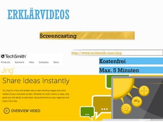 ERKLÄRVIDEOS
Bild: DTRave, http://goo.gl/JOU0aX
Screencasting
Kostenfrei
http://www.techsmith.com/jing
Max. 5 Minuten
 