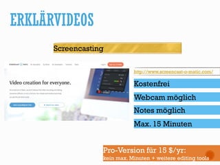 ERKLÄRVIDEOS
Screencasting
Kostenfrei
http://www.screencast-o-matic.com/
Max. 15 Minuten
Webcam möglich
Pro-Version für 15 $/yr:
kein max. Minuten + weitere editing tools
Notes möglich
 